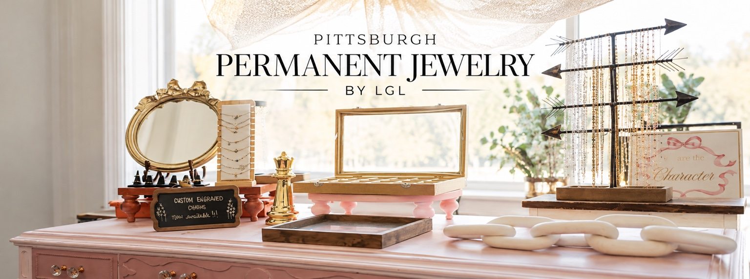 Full studio display for Pittsburgh Permanent Jewelry by LGL, featuring pink and gold accents and jewelry displays